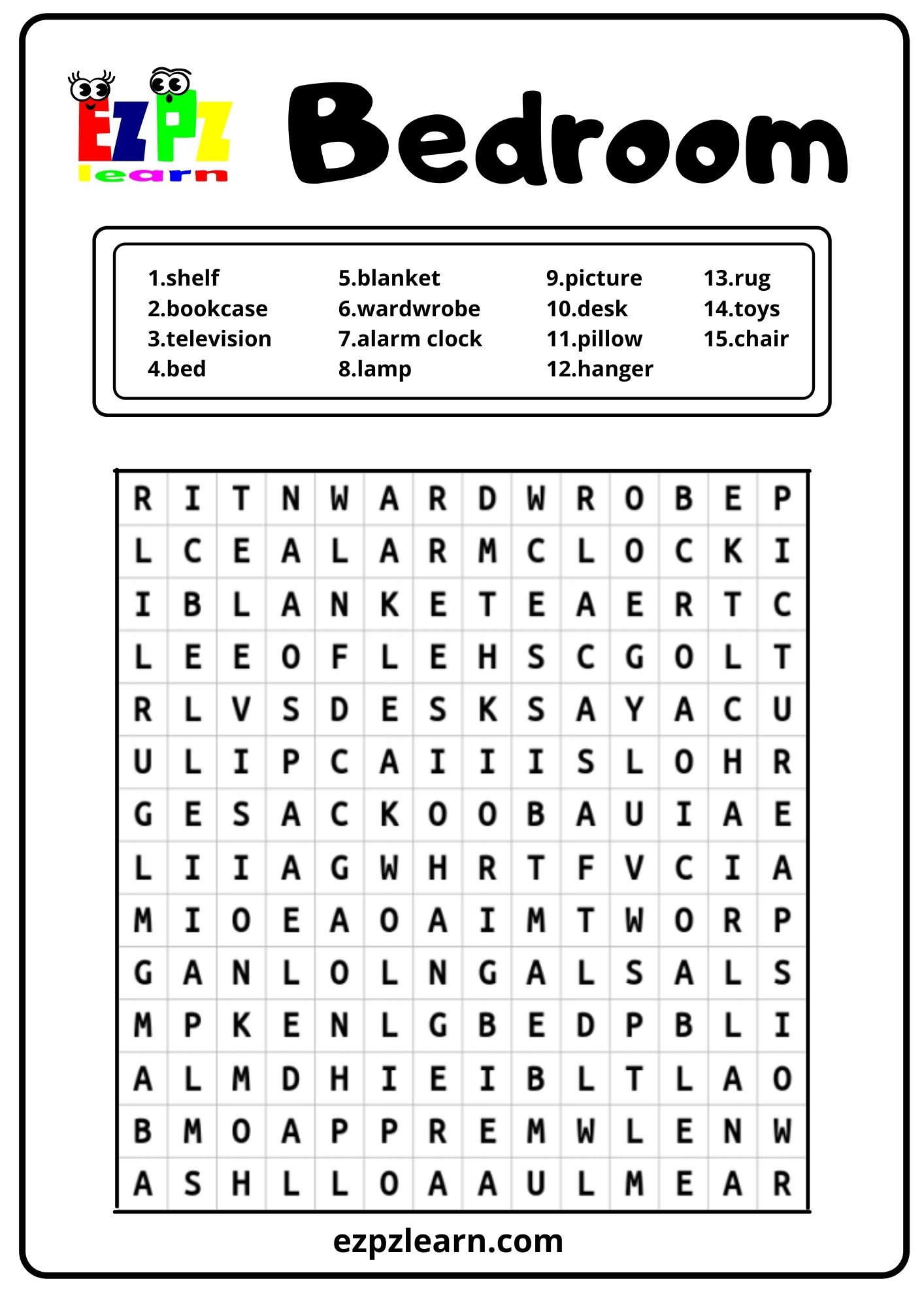 Bedroom Word Search For K5 and English Language Learners Free PDF Download 1